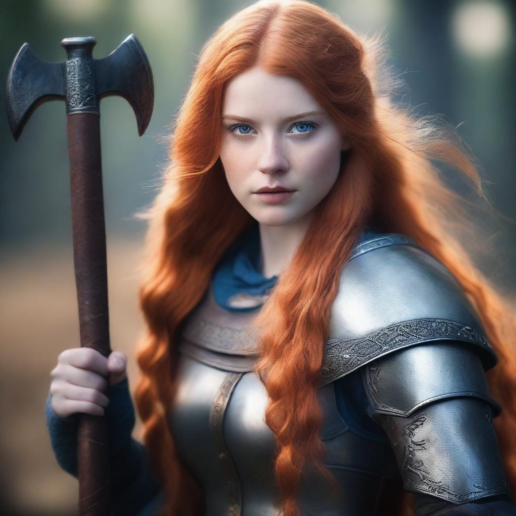 A portrait of a young, beautiful woman with long orange hair and blue eyes, holding an axe