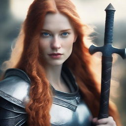 A portrait of a young, beautiful woman with long orange hair and blue eyes, holding an axe