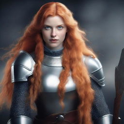 A portrait of a young, beautiful woman with long orange hair and blue eyes, holding an axe