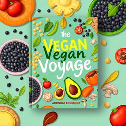 Create a colorful book cover for a vegan cookbook titled 'The Vegan Voyage'