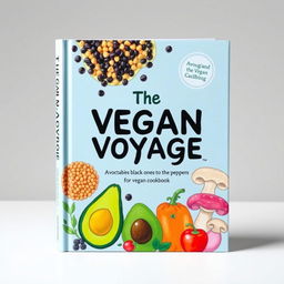 Create a colorful book cover for a vegan cookbook titled 'The Vegan Voyage'