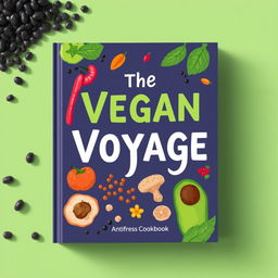 Create a colorful book cover for a vegan cookbook titled 'The Vegan Voyage'