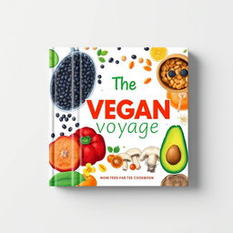 Create a colorful book cover for a vegan cookbook titled 'The Vegan Voyage'