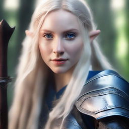 A portrait of a young, beautiful elf woman with long blond hair and blue eyes, holding an axe