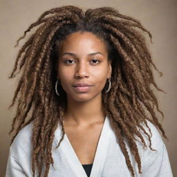 A flattering portrait of a person with detailed and voluminous dreadlocks.