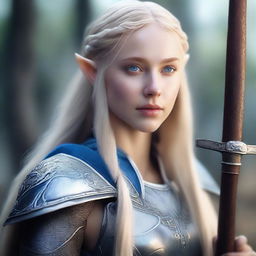 A portrait of a young, beautiful elf woman with long blond hair and blue eyes, holding an axe