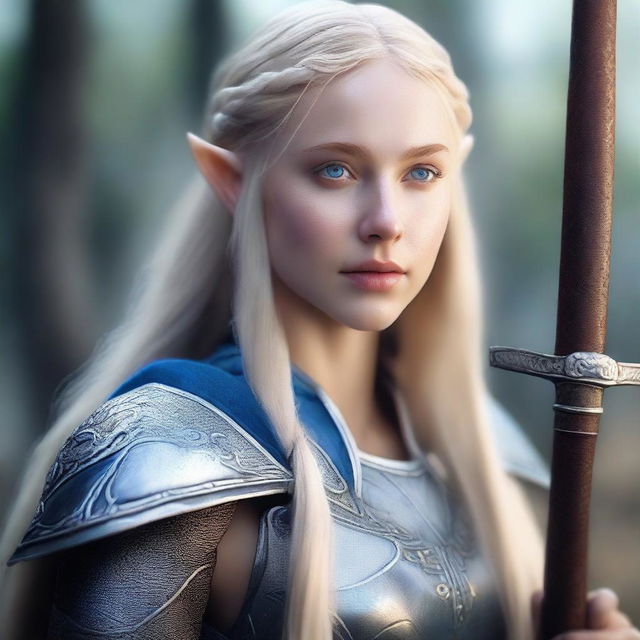 A portrait of a young, beautiful elf woman with long blond hair and blue eyes, holding an axe