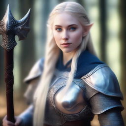 A portrait of a young, beautiful elf woman with long blond hair and blue eyes, holding an axe