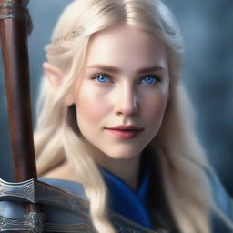 A portrait of a young, beautiful elf woman with long blond hair and blue eyes, holding an axe