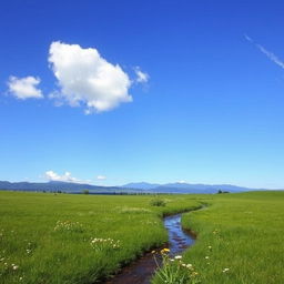 A serene landscape featuring a lush green meadow, a clear blue sky with a few fluffy clouds, and a distant mountain range