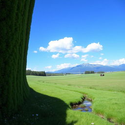 A serene landscape featuring a lush green meadow, a clear blue sky with a few fluffy clouds, and a distant mountain range