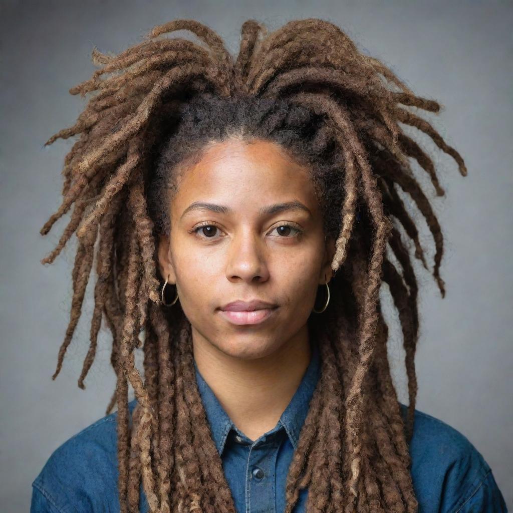 A flattering portrait of a person with detailed and voluminous dreadlocks.