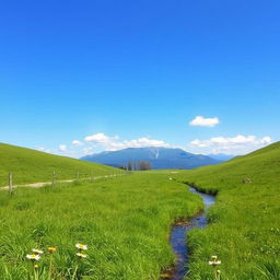 A serene landscape featuring a lush green meadow, a clear blue sky with a few fluffy clouds, and a distant mountain range