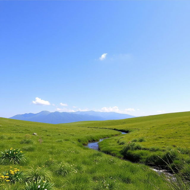 A serene landscape featuring a lush green meadow, a clear blue sky with a few fluffy clouds, and a distant mountain range