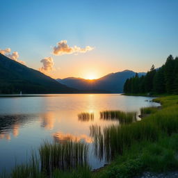 A serene landscape featuring a calm lake surrounded by lush green trees and mountains in the background