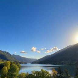 A serene landscape featuring a calm lake surrounded by lush green trees and mountains in the background