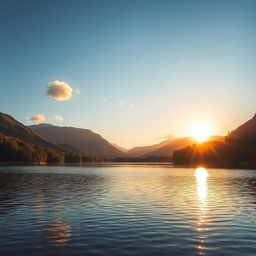 A serene landscape featuring a calm lake surrounded by lush green trees and mountains in the background