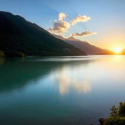 A serene landscape featuring a calm lake surrounded by lush green trees and mountains in the background