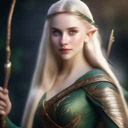 A portrait of a young, beautiful elf woman with long blond hair and green eyes, holding a bow and arrow