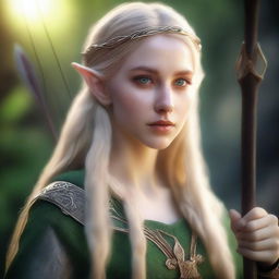 A portrait of a young, beautiful elf woman with long blond hair and green eyes, holding a bow and arrow