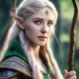 A portrait of a young, beautiful elf woman with long blond hair and green eyes, holding a bow and arrow