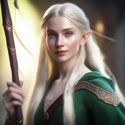 A portrait of a young, beautiful elf woman with long blond hair and green eyes, holding a bow and arrow