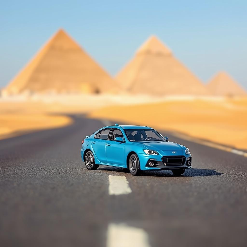 A miniature blue car in the middle of a road in Egypt