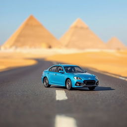 A miniature blue car in the middle of a road in Egypt