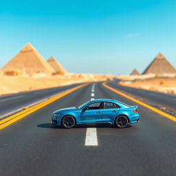 A miniature blue car in the middle of a road in Egypt