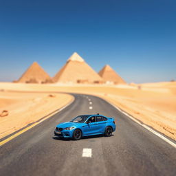 A miniature blue car in the middle of a road in Egypt