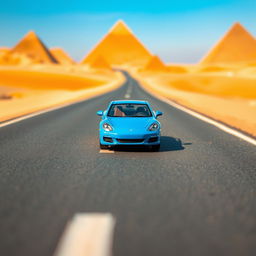 A miniature blue car in the middle of a road in Egypt