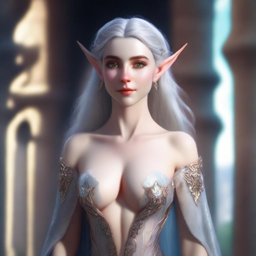 A close-up portrait of a fit elf with enormous, massive features in a castle