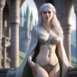 A close-up portrait of a fit elf with enormous, massive features in a castle