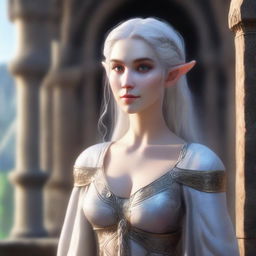 A close-up portrait of a fit elf with enormous, massive features in a castle