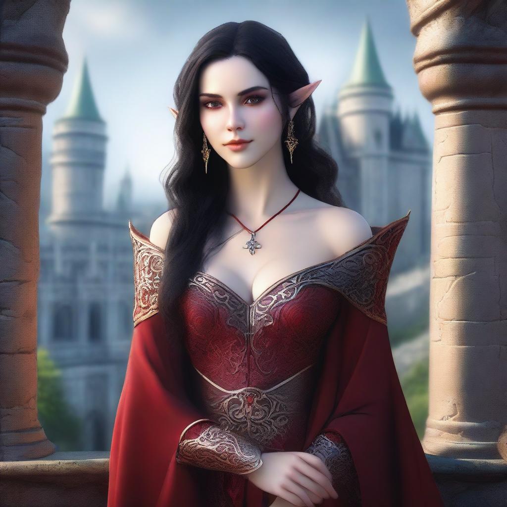 A close-up portrait of a fit elf with enormous, massive features, black hair, and red eyes in a castle