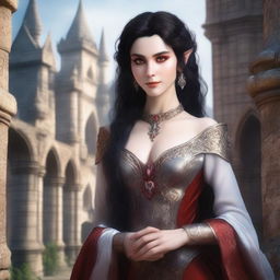 A close-up portrait of a fit elf with enormous, massive features, black hair, and red eyes in a castle