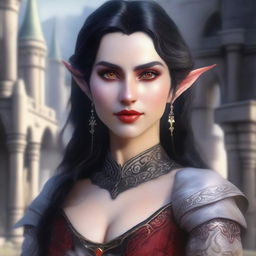 A close-up portrait of a fit elf with enormous, massive features, black hair, and red eyes in a castle