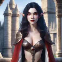 A close-up portrait of a fit elf with enormous, massive features, black hair, and red eyes in a castle