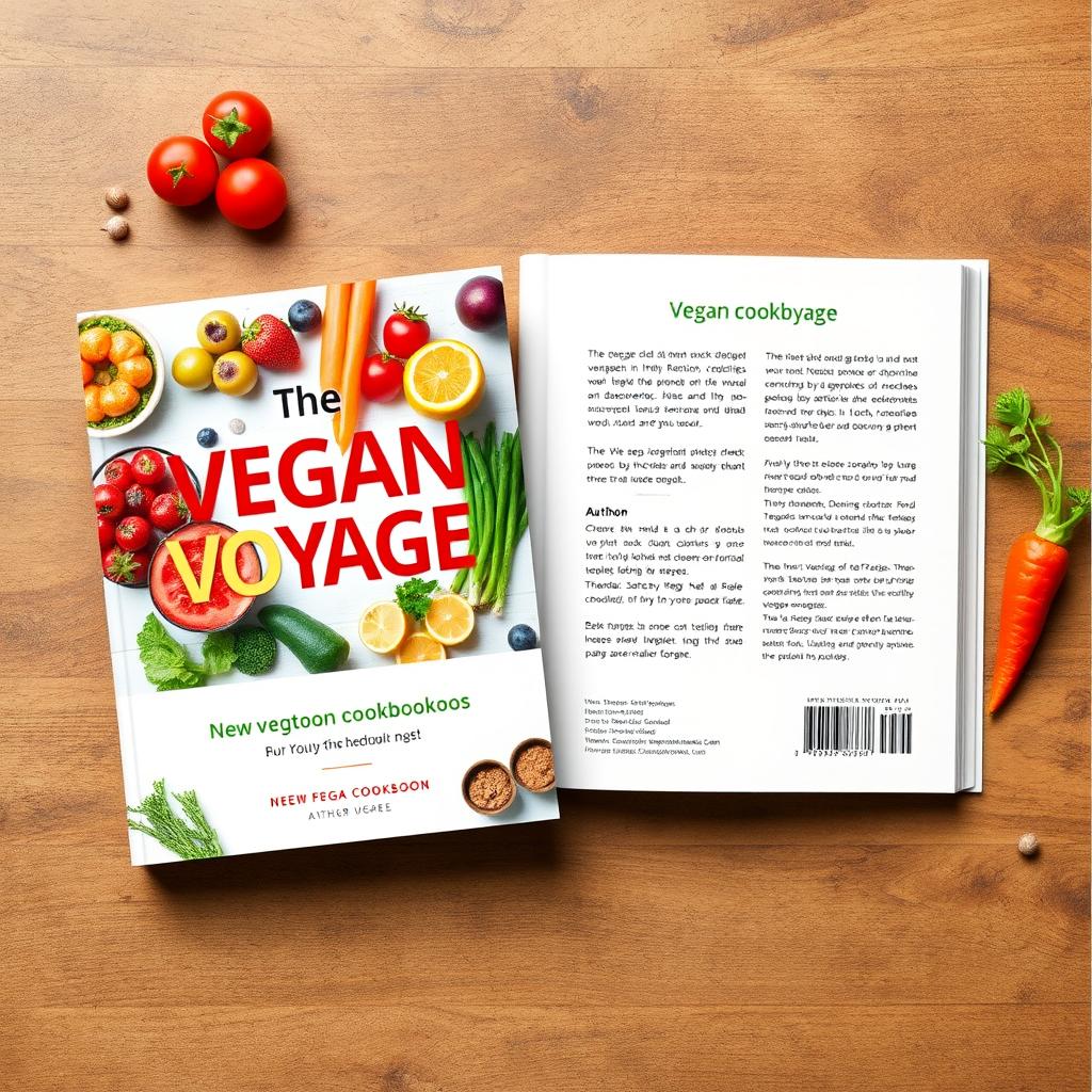 Create a full-page cover and back for a vegan cookbook titled 'The Vegan Voyage'