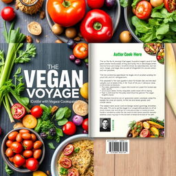 Create a full-page cover and back for a vegan cookbook titled 'The Vegan Voyage'