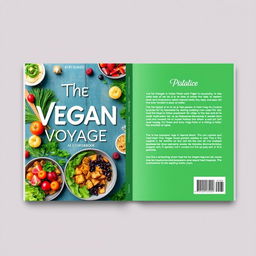 Create a full-page cover and back for a vegan cookbook titled 'The Vegan Voyage'