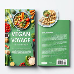 Create a full-page cover and back for a vegan cookbook titled 'The Vegan Voyage'