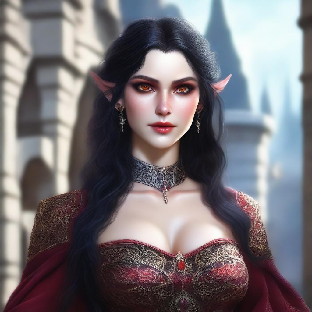 A close-up portrait of a fit elf with enormous, massive features, black hair, and red eyes in a castle