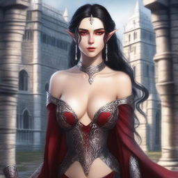 A close-up portrait of a fit elf with enormous, massive features, black hair, and red eyes in a castle