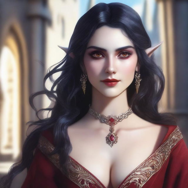 A close-up portrait of a fit elf with enormous, massive features, black hair, and red eyes in a castle