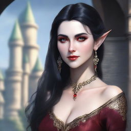 A close-up portrait of a fit elf with enormous, massive features, black hair, and red eyes in a castle