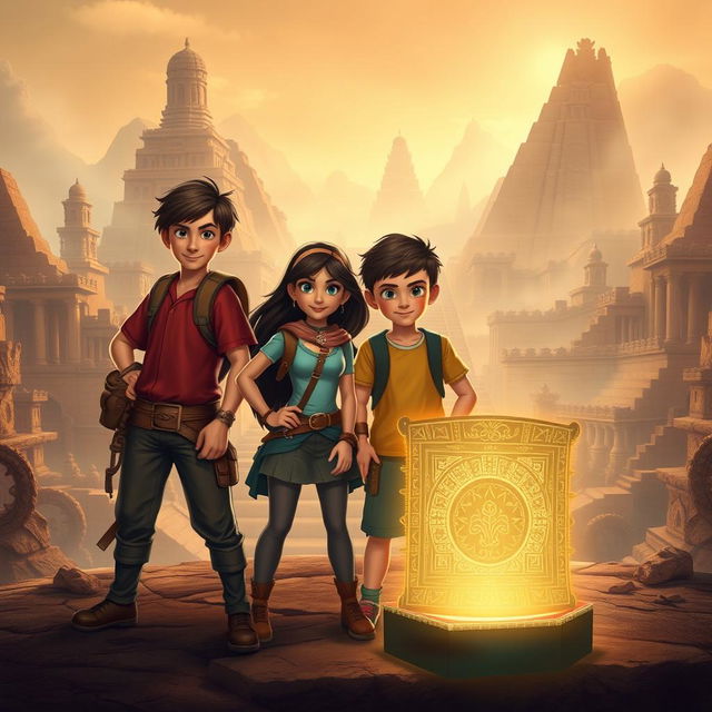 Create a visually appealing image featuring a group shot of four main characters (Alex, Mia, Jake, and Emily) standing together, looking brave and determined