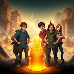 Create a visually appealing image featuring a group shot of four main characters (Alex, Mia, Jake, and Emily) standing together, looking brave and determined