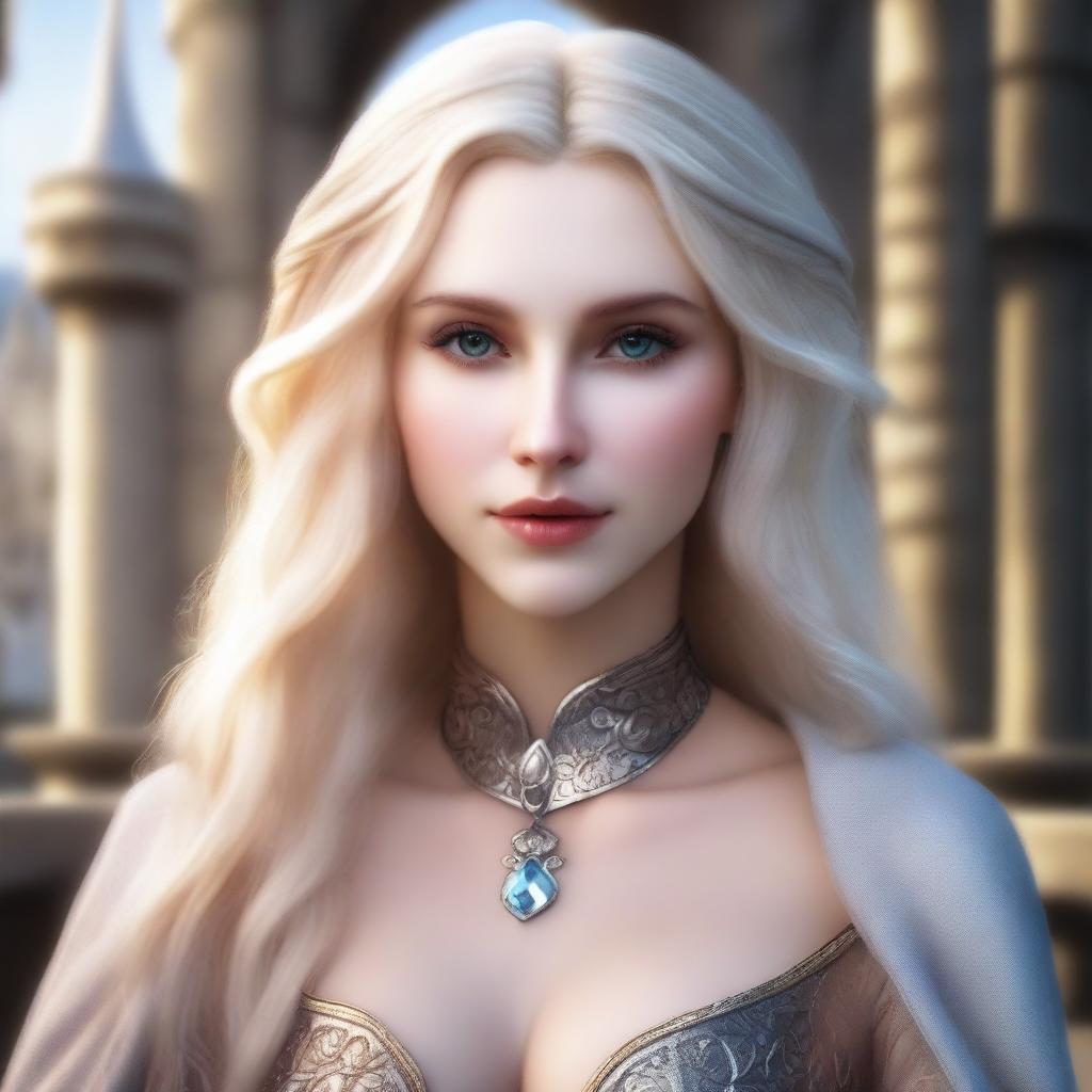 A close-up portrait of a fit elf with enormous, massive features, blonde closed hair, and hazel eyes in a castle