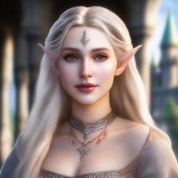 A close-up portrait of a fit elf with enormous, massive features, blonde closed hair, and hazel eyes in a castle